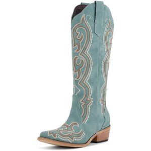 Women Green Knee High Western Cowgirl Boots Snip Toe Side Zipper Chunky Heel